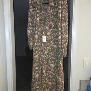 H&M Green and Pink Floral Long Sleeve Dress